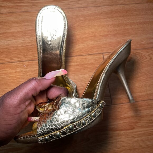 Gold Snake Skinned Kitten Heels - Picture 1 of 4